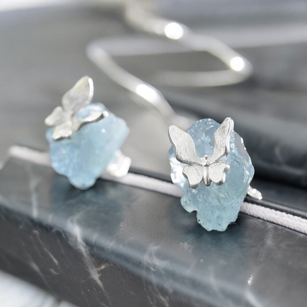 NEW sterling silver butterfly earrings w raw blue natural gemstone jewelry B19